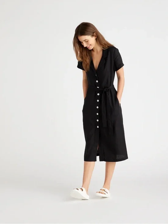 Quince 100% Linen Black Shirt Dress XL | Button Front Tie Waist 25253 - Picture 5 of 16